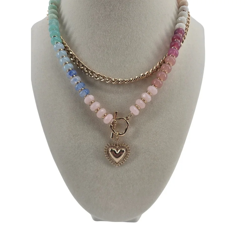 Necklace Womens OS Layered Heart Charm Beaded Gold Tone Multicolor EUC